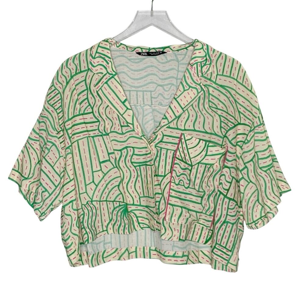 Zara Linen Blend Pyjama Style Shirt L Green Pink Cropped Resort Coastal Tropical